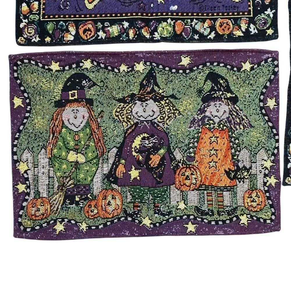 Vintage Halloween Woven Placemats Tapestry Set Pumpkins Witches 90s Cottagecore